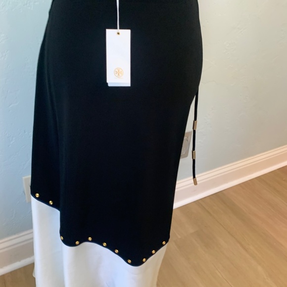 NWT Tory Burch mixed material black white silk wrap skirt midi maxi demure sz L - Picture 15 of 16
